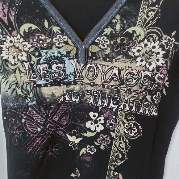 Skinny Minnie Women's Floral V Neck Short Sleeve Studded Shirt Top Blouse - Picture 4 of 10